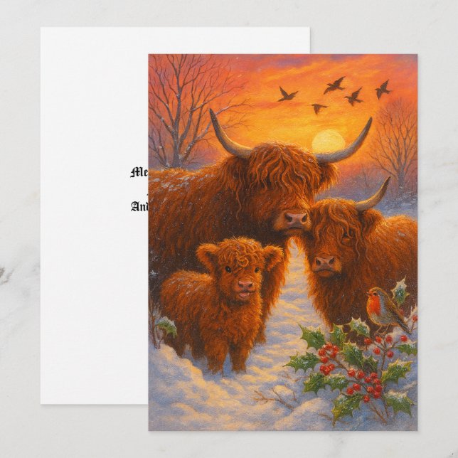 Cute Highland Cow Family In Snowy Woodland Sunset Holiday Card (Front/Back)