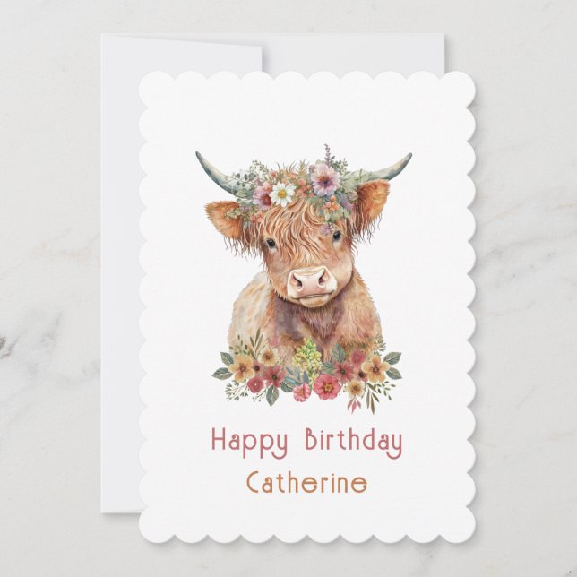 Cute Highland Cow Floral Birthday Name Watercolor  Invitation (Front)