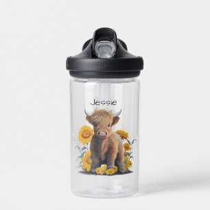 Cute Highland Cow Floral Yellow Sunflowers Name  Water Bottle