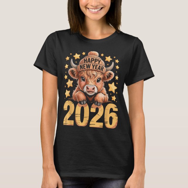Cute Highland Cow Happy New Year 2026 Tee Funny An (Front)