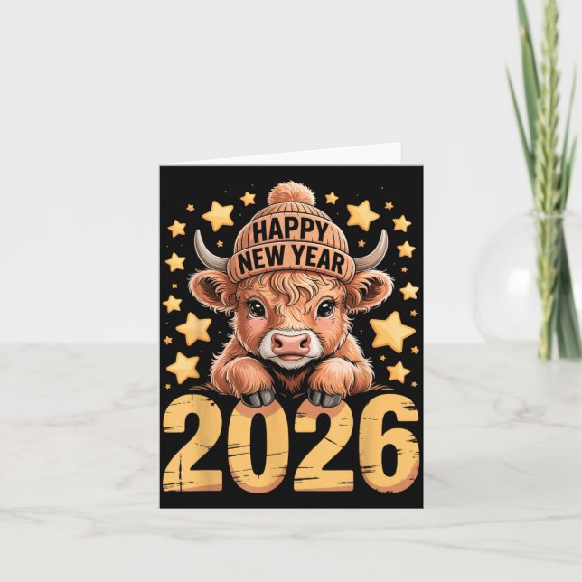 Cute Highland Cow Happy New Year 2026 Tee Funny An Card (Front)