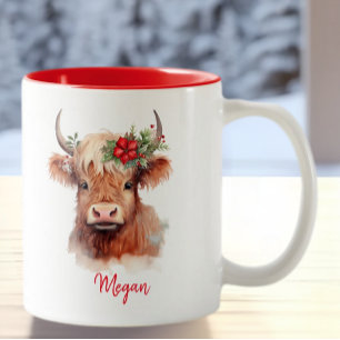 Cute Highland Cow Holiday Christmas Santa Hat Two-Tone Coffee Mug