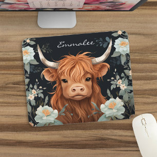 Cute Highland Cow in Beautiful Florals w/Monogram  Mouse Pad