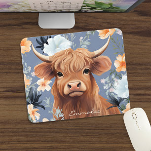 Cute Highland Cow in Floral Background w/Custom Mouse Pad