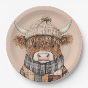 Cute Highland Cow in Hat Boho Cream Paper Plate