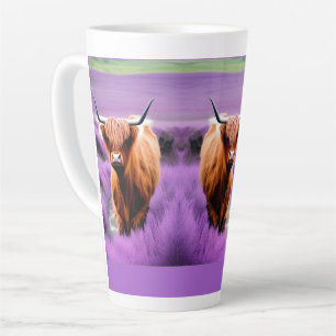 Cute Highland Cow in Lavender Field Latte Mug