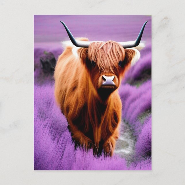 Cute Highland Cow in Lavender Field    Postcard (Front)