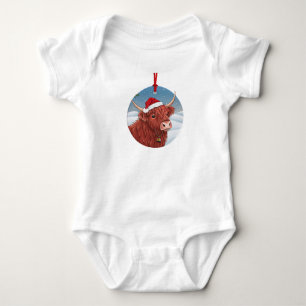 Cute Highland Cow in Santa Hat Baby Outfit Bodysuit
