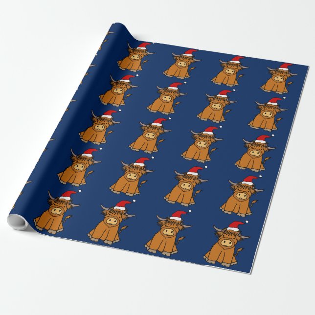 Cute Highland Cow in Santa hat Christmas Wrapping Paper (Unrolled)