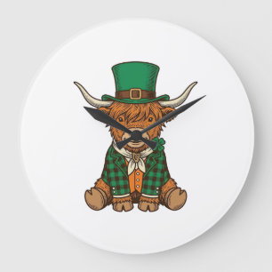 Cute Highland Cow Irish Clover Vintage Shirt Desig Large Clock
