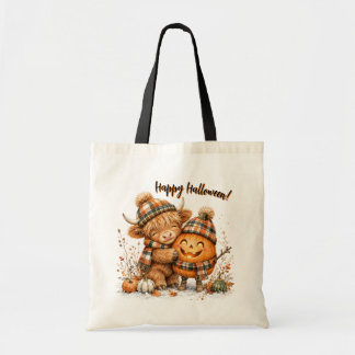 Cute Highland Cow Jack O Lantern Watercolor Tote Bag