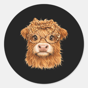 Cute Highland Cow Leopard Bow Glasses Farm Animal Classic Round Sticker