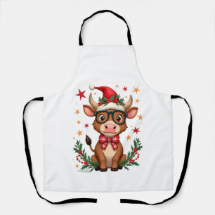 Cute Highland Cow Lover Santa Hat Western Christma Apron