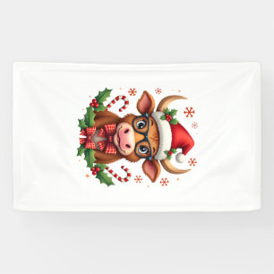 Cute Highland Cow Lover Santa Hat Western Christma Banner