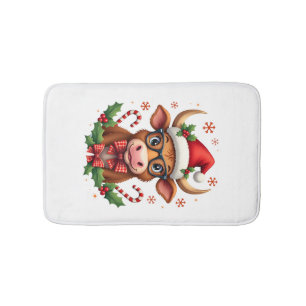 Cute Highland Cow Lover Santa Hat Western Christma Bath Mat