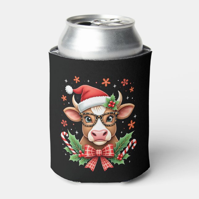 Cute Highland Cow Lover Santa Hat Western Christma Can Cooler (Can Front)