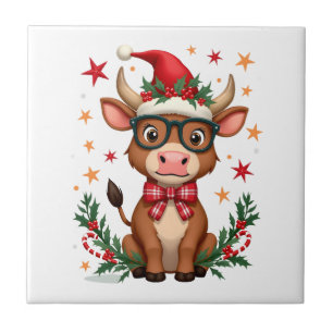 Cute Highland Cow Lover Santa Hat Western Christma Ceramic Tile