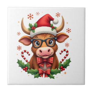 Cute Highland Cow Lover Santa Hat Western Christma Ceramic Tile