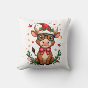 Cute Highland Cow Lover Santa Hat Western Christma Cushion