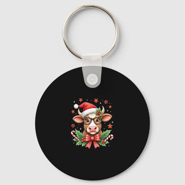 Cute Highland Cow Lover Santa Hat Western Christma Key Ring (Front)