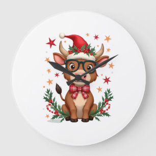 Cute Highland Cow Lover Santa Hat Western Christma Large Clock