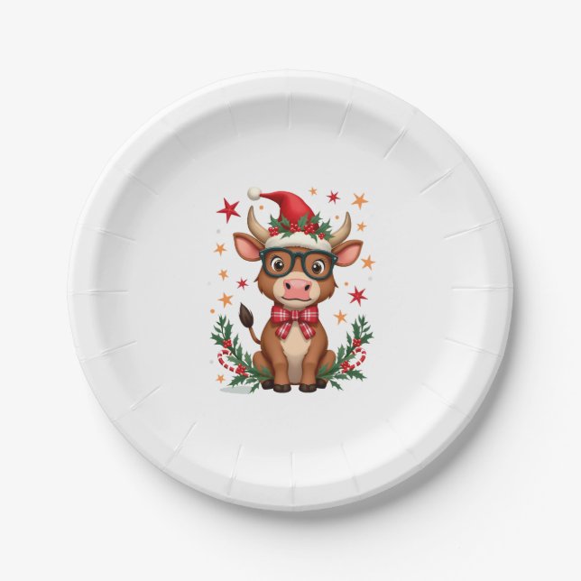 Cute Highland Cow Lover Santa Hat Western Christma Paper Plate (Front)