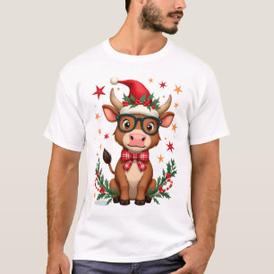 Cute Highland Cow Lover Santa Hat Western Christma T-Shirt