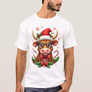 Cute Highland Cow Lover Santa Hat Western Christma T-Shirt