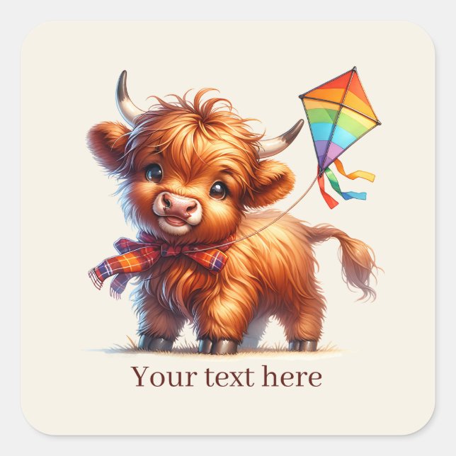 Cute highland cow lovers customisable square sticker (Front)