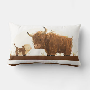 Cute Highland Cow Mama& Calf Rustic Brown Stripes Lumbar Cushion