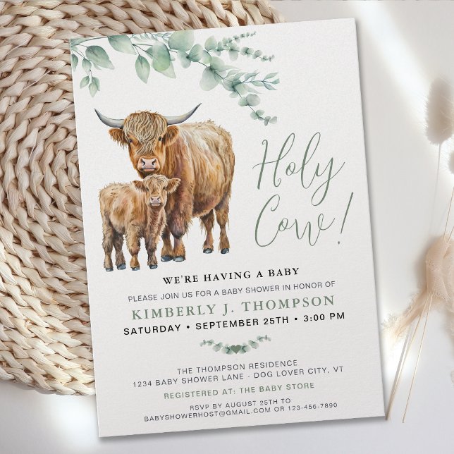 Cute Highland Cow Modern Eucalyptus Greenery Invitation (Creator Uploaded)
