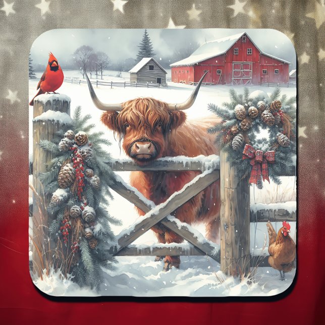 Cute Highland Cow on the Farm Christmas Square Sticker (Creator Uploaded)