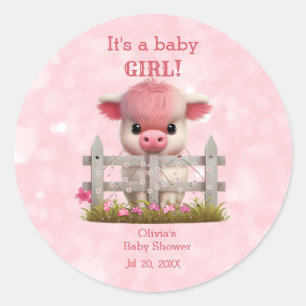 Cute Highland Cow Pink Baby Shower Personalized Classic Round Sticker