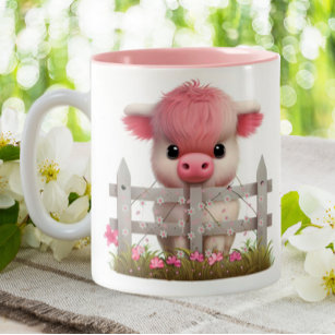 Cute Highland Cow Pink Floral Personalised Two-Tone Coffee Mug