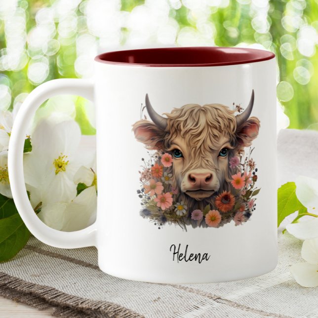 Cute Highland Cow Pink Floral Watercolor Custom Two-Tone Coffee Mug (Creator Uploaded)