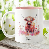 Cute Highland Cow Pink Floral Watercolor 