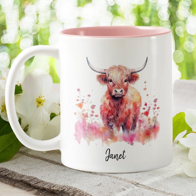 Cute Highland Cow Pink Floral Watercolor  Two-Tone Coffee Mug (Creator Uploaded)