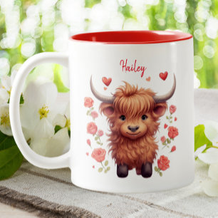 Cute Highland Cow Pink Hearts Floral Valentine Two-Tone Coffee Mug