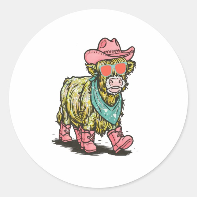 Cute Highland Cow Png, Western Classic Round Sticker (Front)