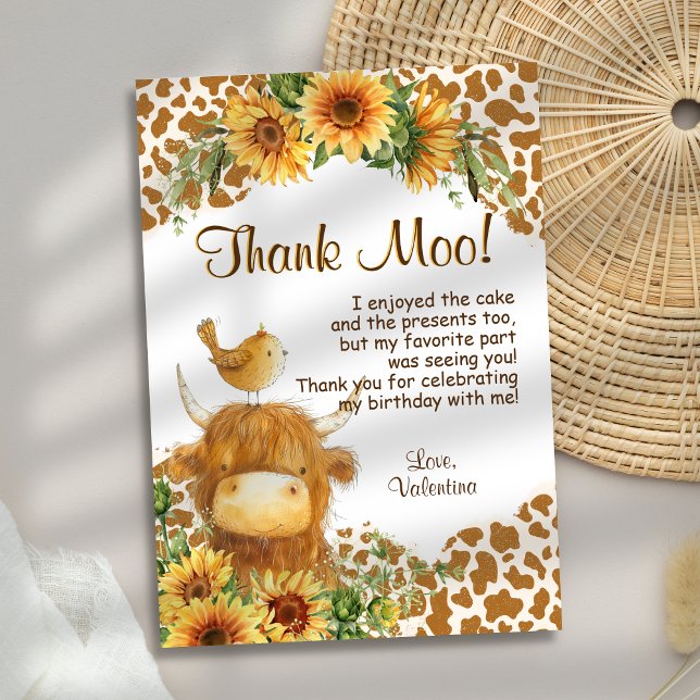 Cute Highland Cow Print Sunflowers Bird Birthday Thank You Card (Creator Uploaded)