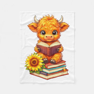 Cute Highland Cow Read Book Suower Librarian Fleece Blanket