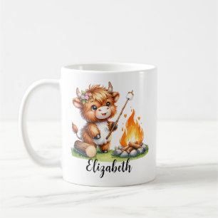 Cute Highland Cow Roasting Marshmallow Custom Name Coffee Mug