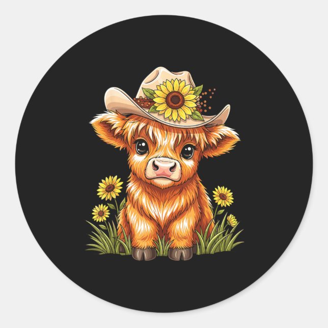 Cute Highland Cow Sunflower Farm Scottish Highland Classic Round Sticker (Front)