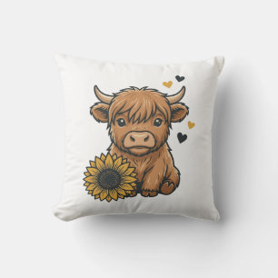 Cute Highland Cow Sunflower Vintage Engraving Desi Cushion