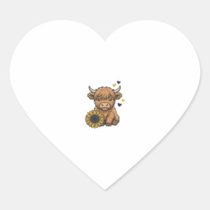Cute Highland Cow Sunflower Vintage Engraving Desi Heart Sticker