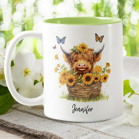 Cute Highland Cow Sunflowers Floral Butterflies 
