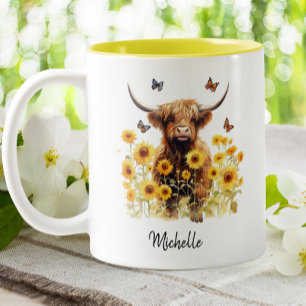Cute Highland Cow Sunflowers Floral Butterflies Two-Tone Coffee Mug