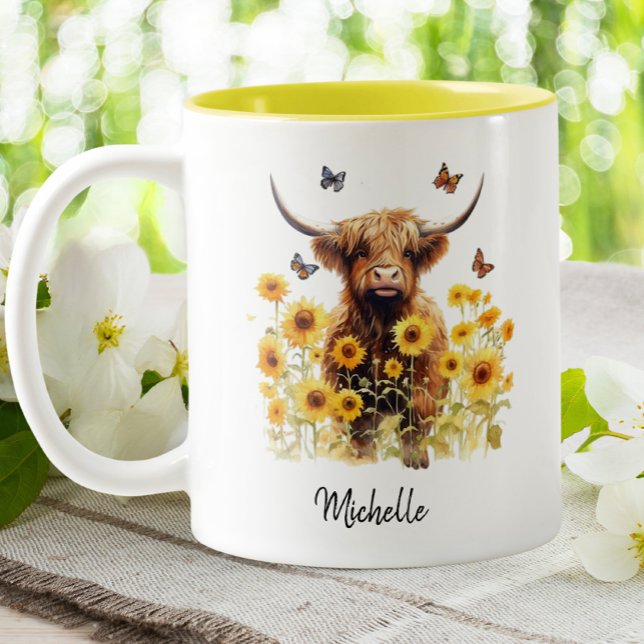 Cute Highland Cow Sunflowers Floral Butterflies Two-Tone Coffee Mug (Creator Uploaded)