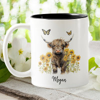 Cute Highland Cow Sunflowers Floral Personalised