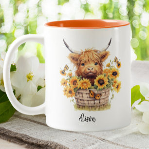 Cute Highland Cow Sunflowers Floral Personalised Two-Tone Coffee Mug